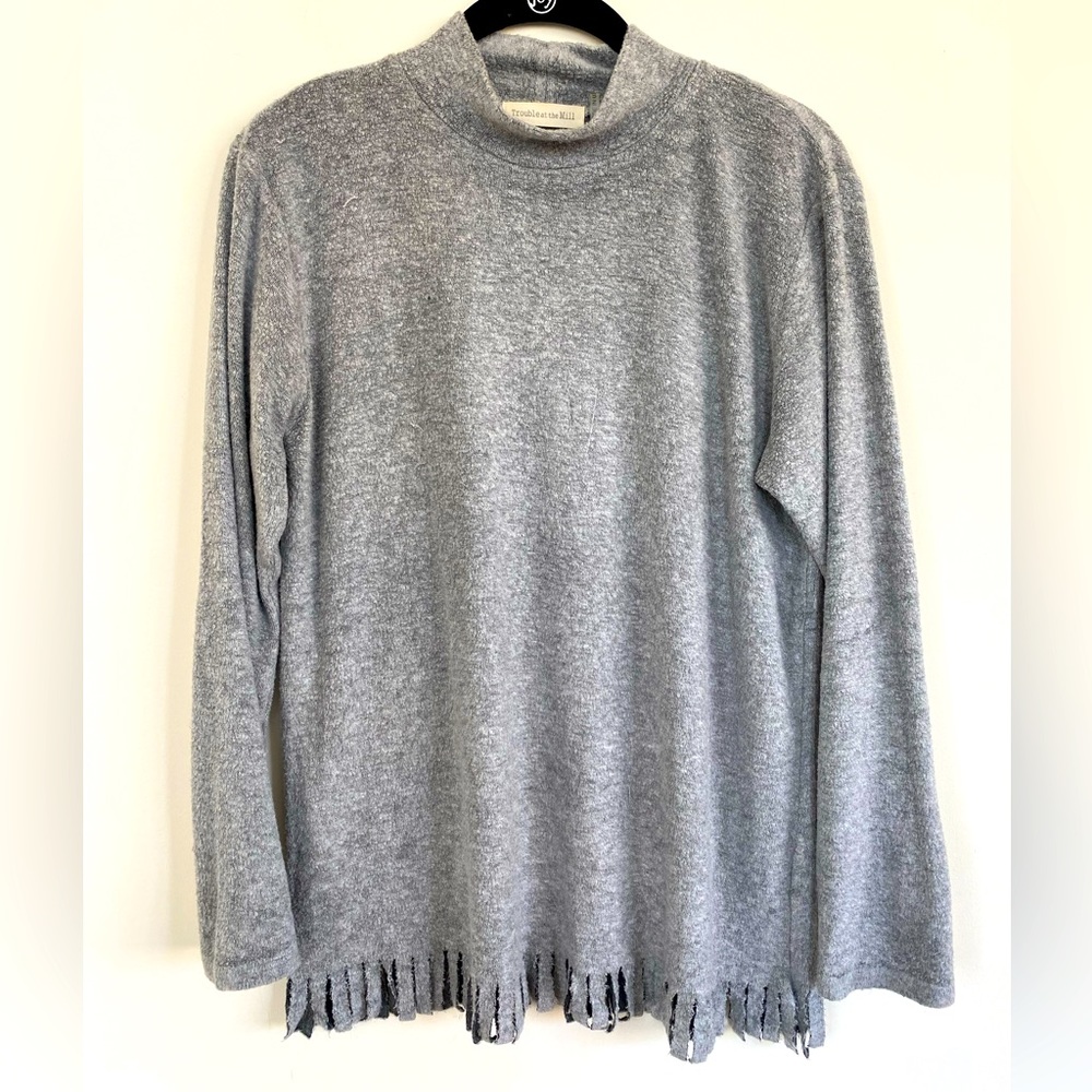 Trouble At The Mill Grey Terrycloth Fringed Mockneck Size M